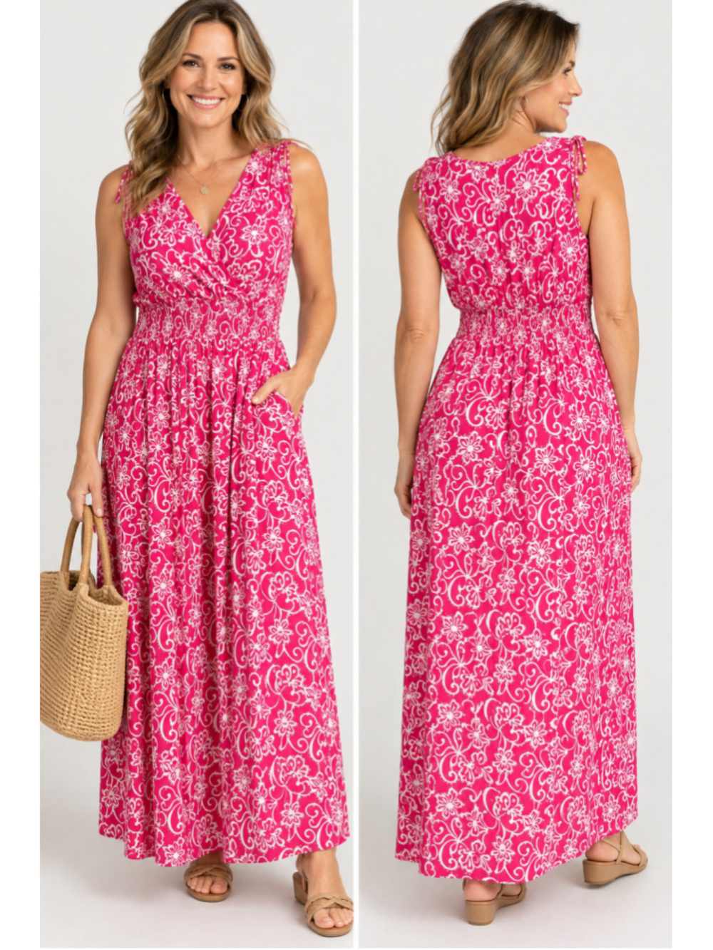 Women's Seven Islands Maxi Dress 3X Pink White Floral Print
